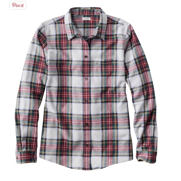 L.L.Bean Cream Red Black Green Slightly Fitted Flannel Shirt - Picture 2 of 9